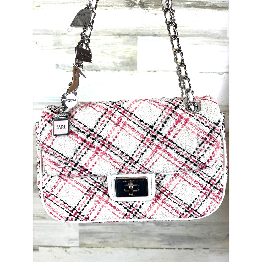 Karl Lagerfeld Womens Lafayette Pink Plaid Shoulder Bag Leather Fabric NEW